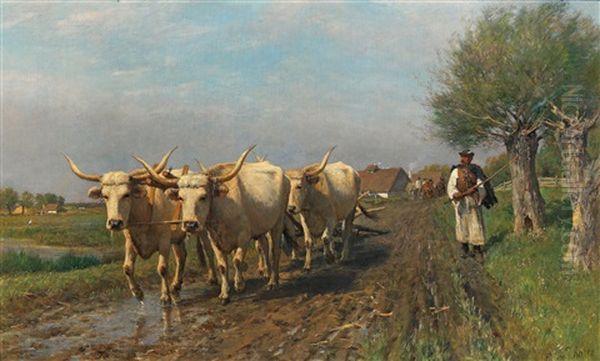 Hungarian Farmer With Steppe Cattle Oil Painting by Otto Karl Kasimir Von Thoren