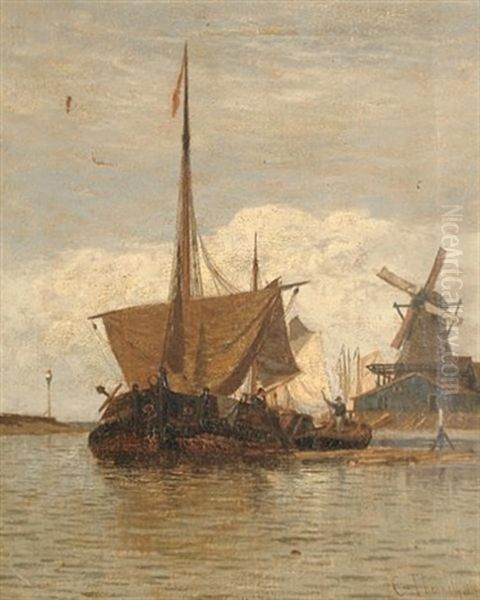 Boats In An Estuary With A Windmill Beyond Oil Painting by Charles Thornely