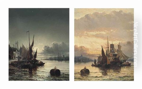 A Prison Hulk And Other Shipping On The Medway At Dusk; And The River Orwell By Moonlight (2 Works) Oil Painting by Georges William Thornley