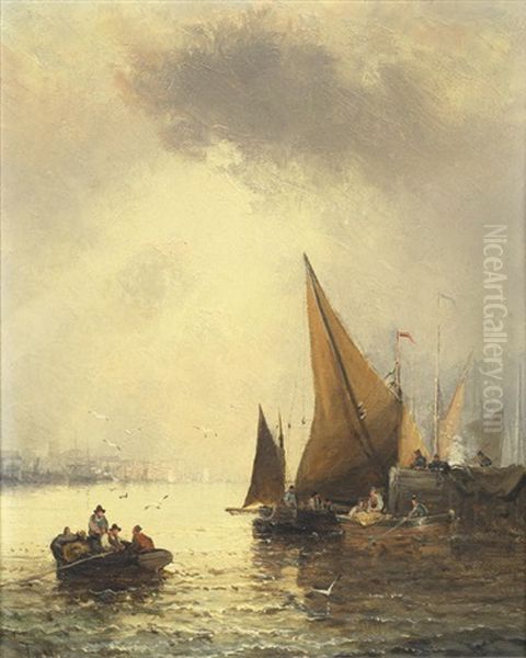 Harbour Scene At Sunset; And A Companion Each 25.5 X 20.5cm (10 X 8 1/16in).(2) Oil Painting by Georges William Thornley