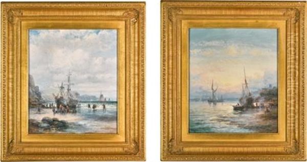 Low Tide At The Mouth Of The Medway; Boats After A Gale, Near Falmouth Oil Painting by William (Anslow) Thornley