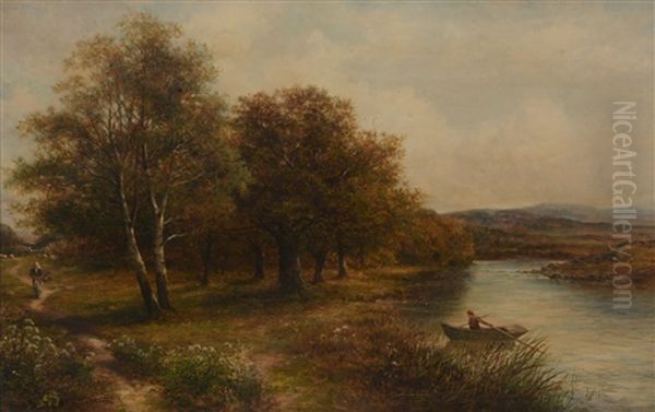 Country Pathway With A Figure And A Gentleman Rowing A Boat Oil Painting by Joseph Thors