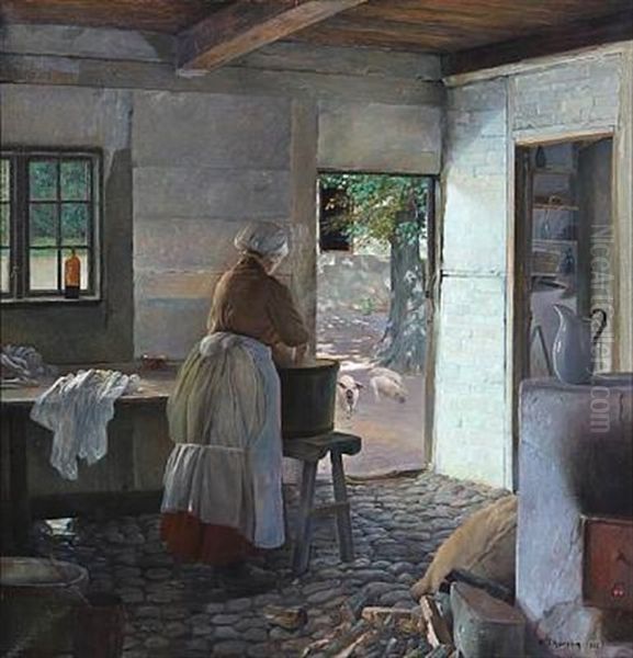 Farm Interior With A Woman Washing Clothes Oil Painting by Hakon Thorsen