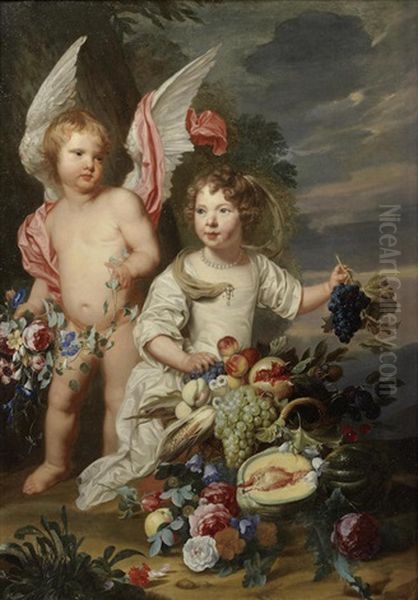 Portrait Of Two Children As Cupid And Ceres With A Still Life Of Fruit And Flowers Oil Painting by Theodor Van Thulden