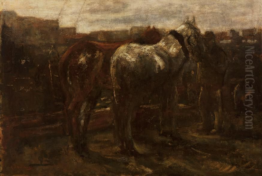 A White And Brown Work Horse Oil Painting by George Hendrik Breitner
