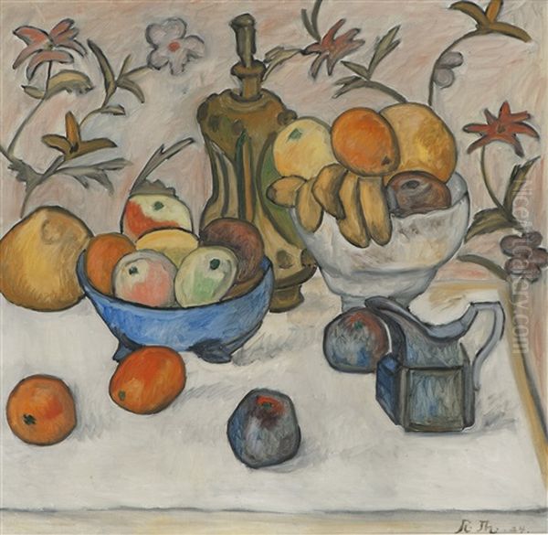 Oppstilling Med Krukker, Karaffel Og Frukt Oil Painting by Rudolph Thygesen