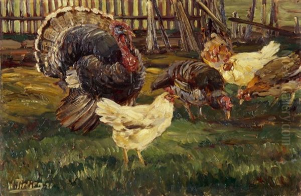 Huhner Und Truthahne Im Garten Oil Painting by Willy Tiedjen
