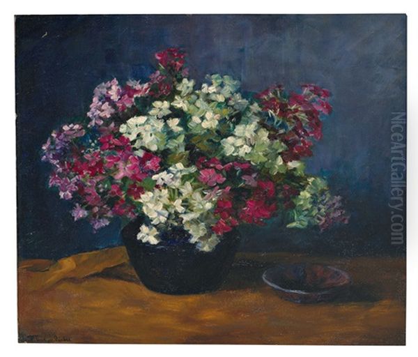 Blumenstilleben In Blauer Vase Neben Schale, Sonnig Beleuchtet Vor Dunkelblauem Hintergrund Oil Painting by Fanny Tiedjen-Bieber