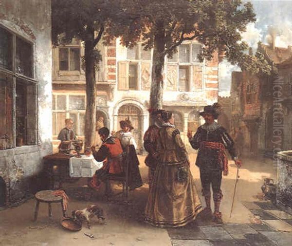 Figures Conversing Outside An Inn Oil Painting by Louis Tielemans