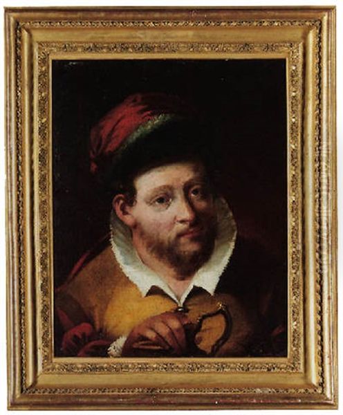 Portrait Of A Man Wearing A Red And Green Hat, Holding A Gilt Ewer Oil Painting by Lorenzo Tiepolo