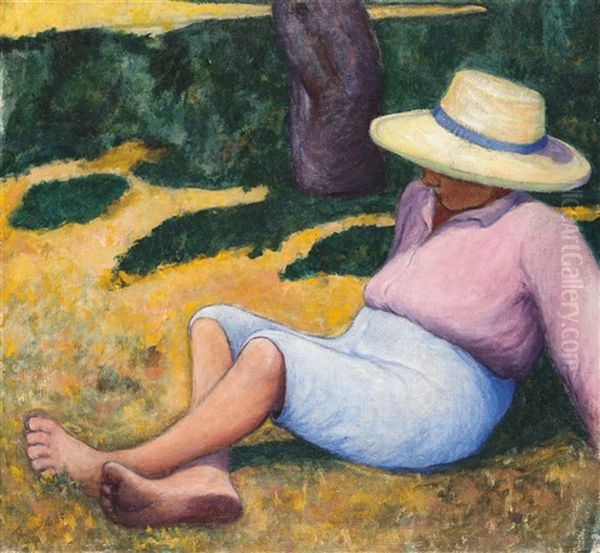 Boy Wearing A Straw Hat Oil Painting by Lajos Tihanyi