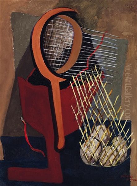 Stil-life With Tennis Racket Oil Painting by Lajos Tihanyi