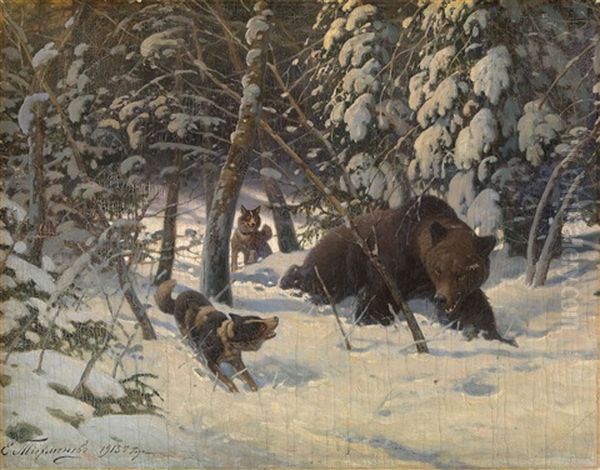 Bear Hunt Oil Painting by Efim A. Tikhmenev