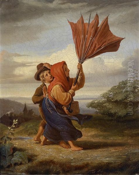 Zwei Kinder Bei Aufziehendem Gewitter Oil Painting by Leopold Till
