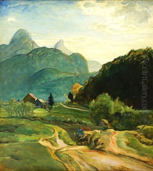 Sommerliche Landschaft In Den Voralpen Mit Hochgebirgshintergrund Oil Painting by Harald Tillberg