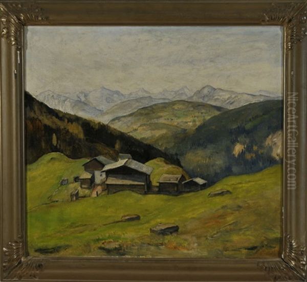 Blick Von Einer Anhohe Auf Ein Bergdorf In Einer Weiten Bergwelt Oil Painting by Harald Tillberg