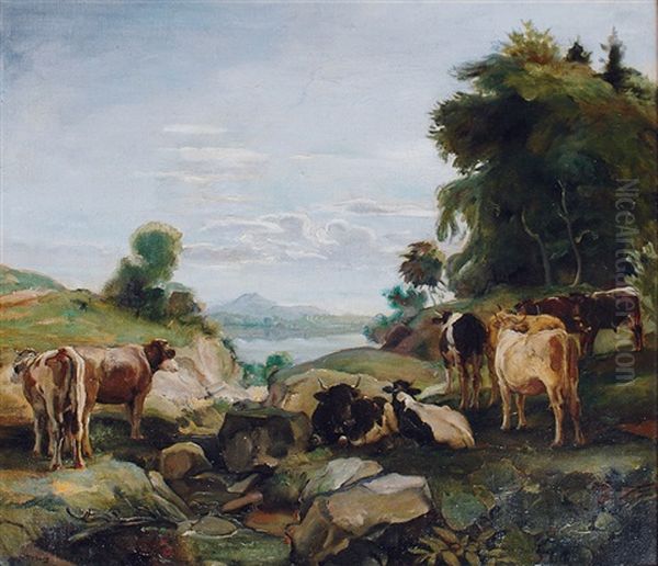 Herd Of Cows At The Lake Oil Painting by Harald Tillberg
