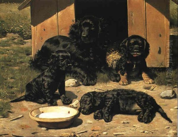 Spaniel Med Hvalpe Oil Painting by Vilhelm Eyvind Tilly