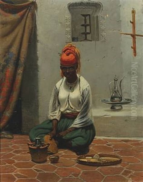 African Woman Making Coffee Oil Painting by Vasili Fiedorovivh Timm