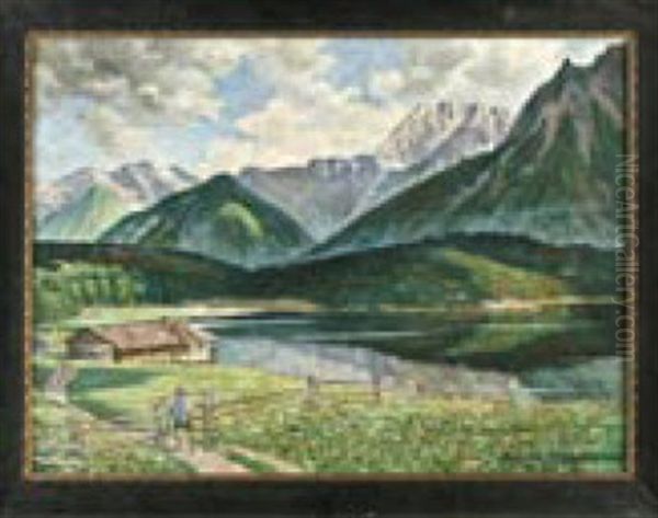 Angler Auf Dem Weg Zur Hutte An Einem Bergsee Gelegen Oil Painting by Albin Tippmann
