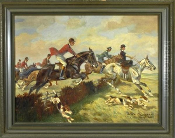 Treibjagd (reiter Beim Uberspringen Eines Hindernisses Auf Dem Feld) Oil Painting by Albin Tippmann