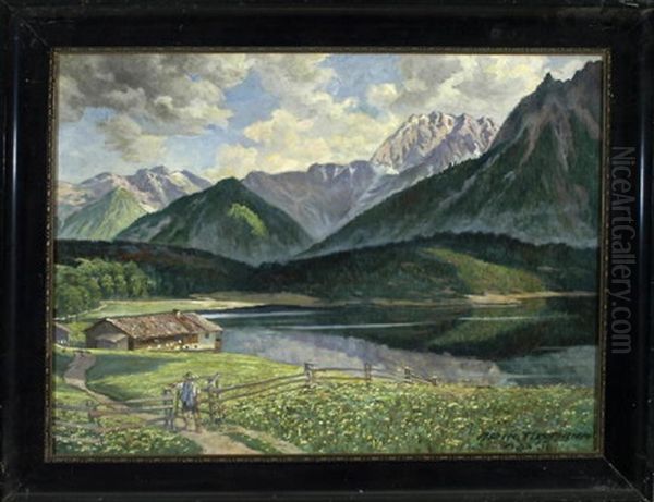 Angler Auf Dem Weg Zur Fischerhutte An Einem Bergsee Gelegen Oil Painting by Albin Tippmann