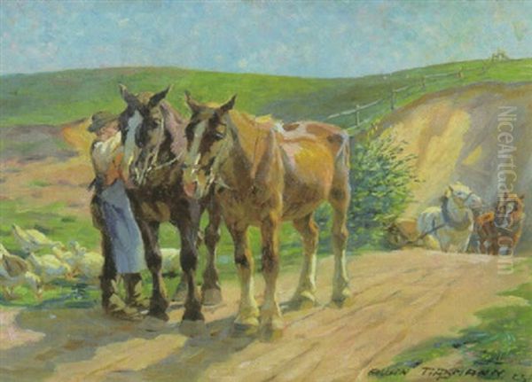 Bauer Mit Pferden Auf Dem Feldweg Oil Painting by Albin Tippmann