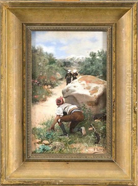 Ein Bewaffneter Versteckt Sich Hinter Einem Findling Vor Zwei Patroullierenden Soldaten Oil Painting by Fernando Tirado Y Cardona