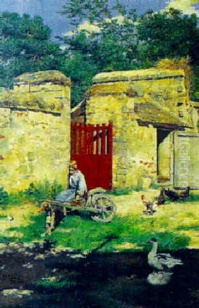 Spansk Gardsinterior Med Kvinna, Hund, Hons Och Ankor Oil Painting by Fernando Tirado Y Cardona