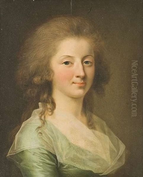 Bildnis Einer Jungen Frau In Grunem Kleid Mit Seidentuch Als Bruststuck In Dreiviertelansicht Nach Rechts Oil Painting by Johann Friedrich August Tischbein