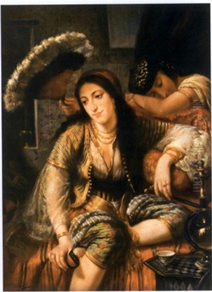 Odalisque Et Sa Servante Au Harem (by J. Emm) Oil Painting by Ange Tissier