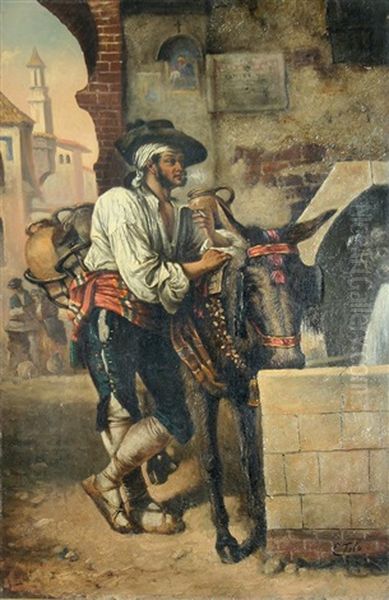 Stopping At The Fountain Oil Painting by Ettore Tito