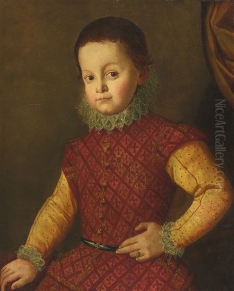 Portrait Of A Young Boy, Half Length, Wearing A Red Doublet With Yellow Sleeves Oil Painting by Santi Di Tito