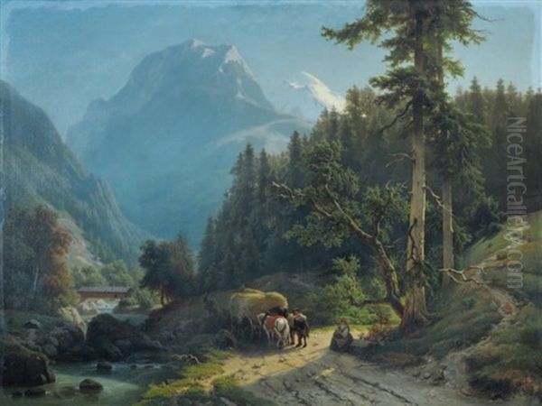 Charrette De Foin Dans Un Paysage Alpin Oil Painting by Jacobus Nicolaas Tjarda Van Stachouwer