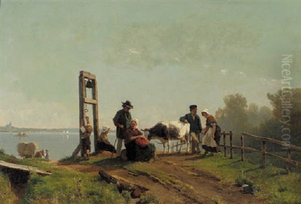 Peasants Waiting For A Ferry, Lower Rhine Oil Painting by Jacobus Nicolaas Tjarda Van Stachouwer