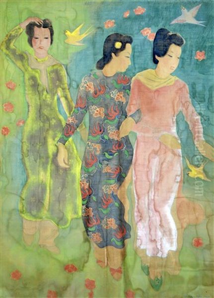 Trois Jeunes Femmes En Ao Dai Et Trois Oiseaux Oil Painting by To Ngoc Van