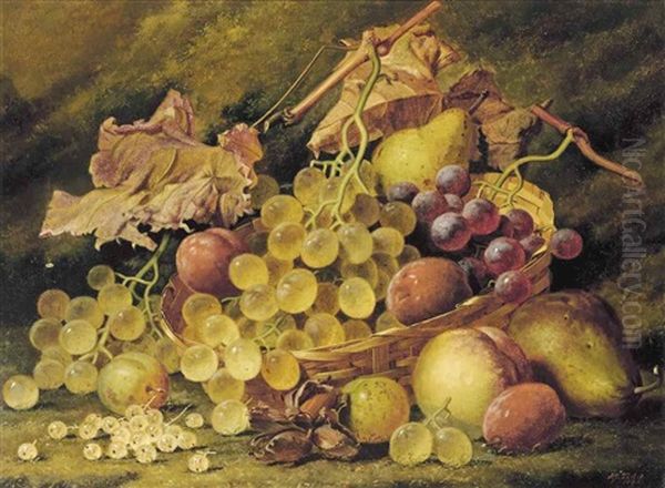 Grapes, Plums, White Currants And A Peach, With A Basket Oil Painting by Henry George Todd