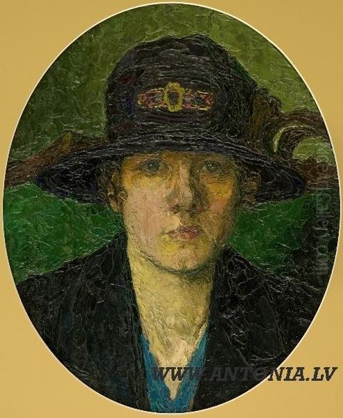 Woman 
 In A 
Hat Oil Painting by Karlis Brencens