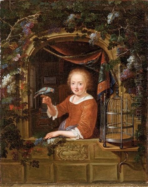 Jeune Fille A La Fenetre, Tenant Un Perroquet Oil Painting by Dominicus van Tol