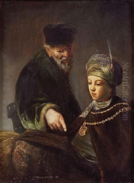 A Student With His Teacher Oil Painting by Julian Boncza Tomaszewski