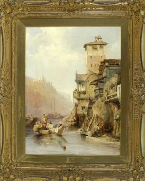 Belebte Szenerie Mit Booten Und Hausern Am Flussufer, Gegebuber Auf Dem Berg Ein Kastell Oil Painting by Charles F. Tomkins