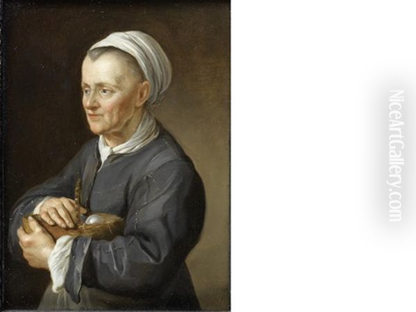 A Bearded Man Holding A Pipe (+ A Woman Holding A Basket Of Eggs; Pair) Oil Painting by Jacob Van Toorenvliet