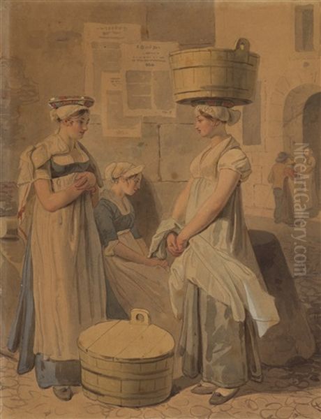 Les Lavandieres Oil Painting by Wolfgang Adam Toepffer