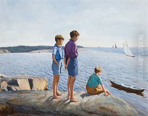 Tre Gutter Ved Sjoen Oil Painting by Thorvald Torgersen