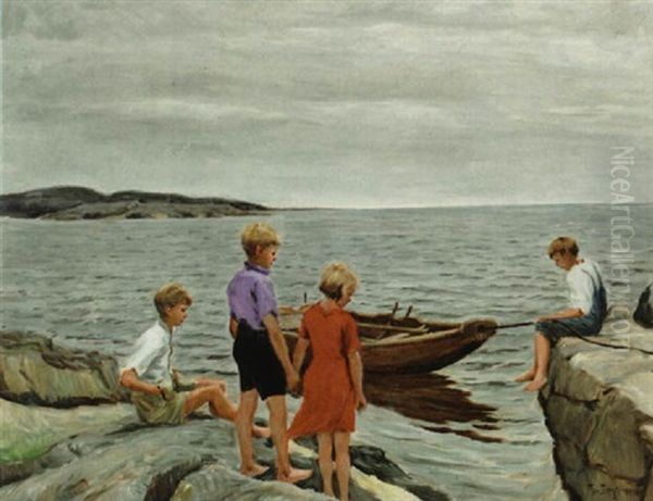 Barn Pa Svaberg Oil Painting by Thorvald Torgersen