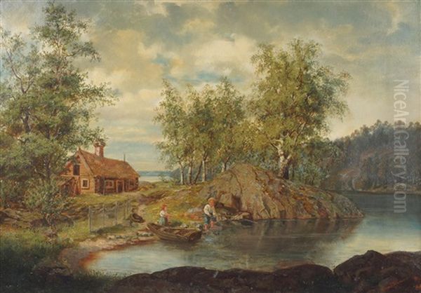 Sommarlandskap Med Barn Vid Insjo Oil Painting by Oscar Toerna