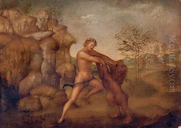 Hercules And The Nemean Lion Oil Painting by Jacopo Torni, Dell'Indaco