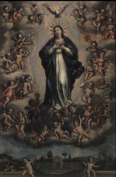 Virgen Pursma Rodeada De Angeles Oil Painting by Antonio De Torres