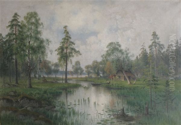 Insjolandskap Med Man Med Eka Oil Painting by Harald (Sten H.) Torsslow