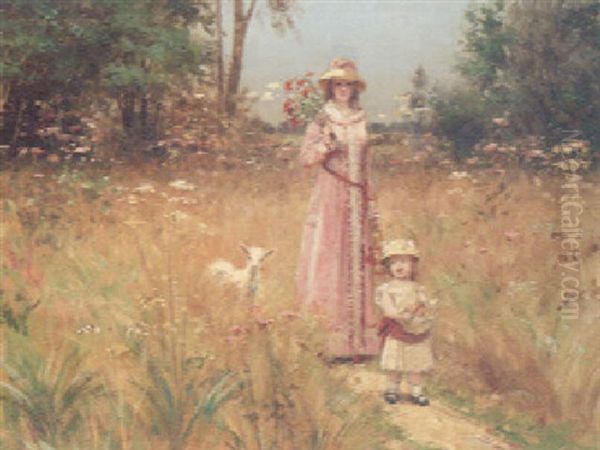 Gathering Flowers In A Meadow Oil Painting by Victor Tortez